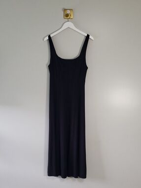 LOFT Sleeveless Scoop-Neck Midi Dress 10 Black Stretchy Fit & Flare Minimalist